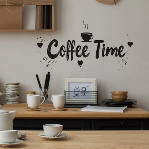 Coffee Time Slogan Muursticker Hart Koffiekopje Patroon PVC DIY Zelfklevend Verwijderbaar Decal Voor Keuken Café Huis Decor