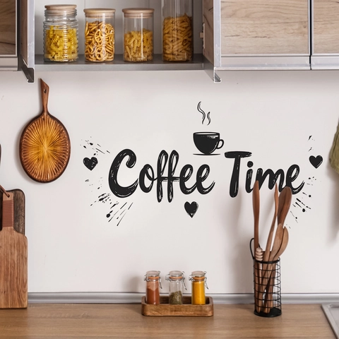 Coffee Time Slogan Muursticker Hart Koffiekopje Patroon PVC DIY Zelfklevend Verwijderbaar Decal Voor Keuken Café Huis Decor