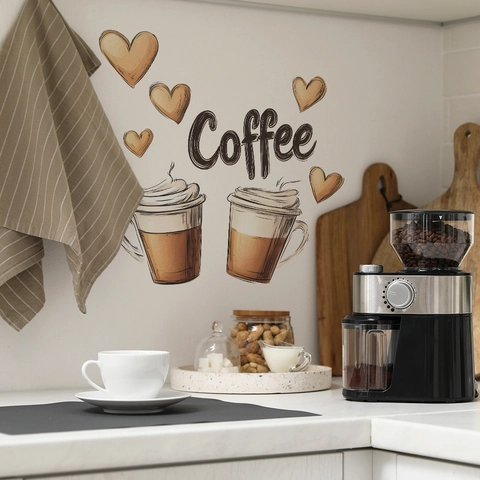 Coffee Theme Removable PVC Wall Sticker Hand Drawn Coffee Cups Heart Pattern DIY Kitchen Cafe Dining Room Decorative Wall Decal