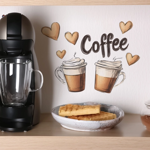 Coffee Theme Removable PVC Wall Sticker Hand Drawn Coffee Cups Heart Pattern DIY Kitchen Cafe Dining Room Decorative Wall Decal
