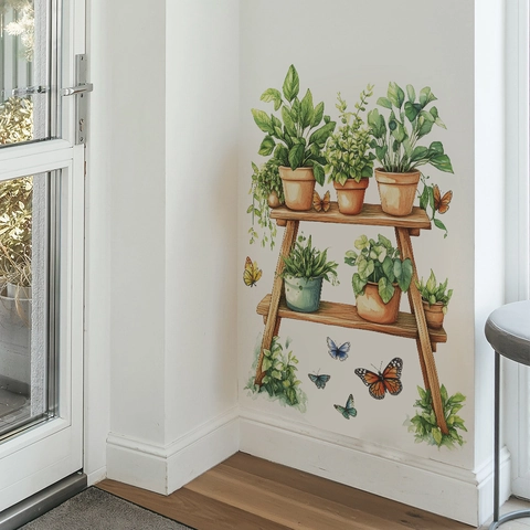 Piante in Vaso Scaffale di Legno Adesivo da Parete Acquerello Piante Verdi Farfalle PVC Rimovibile Arredamento Casa per Camera Soggiorno