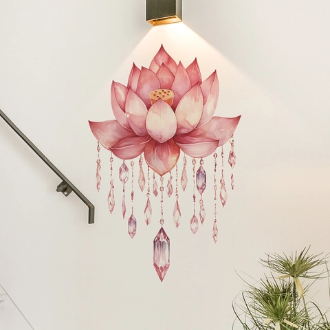 Rosa Lotus Aquarell Wandtattoo Mit Kristallanhänger PVC Selbstklebend Dekoratives Aufkleber Für Schlafzimmer Wohnzimmer Haus Dekor