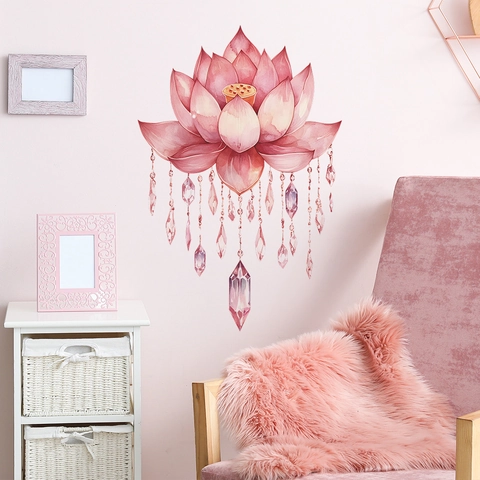 Rosa Lotus Aquarell Wandtattoo Mit Kristallanhänger PVC Selbstklebend Dekoratives Aufkleber Für Schlafzimmer Wohnzimmer Haus Dekor