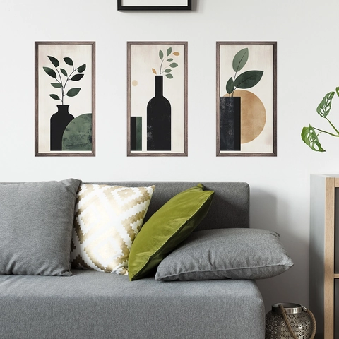 Modern Minimalist PVC Wall Stickers Abstract Botanical Vase Leaves Pattern Removable Triptych DIY Decals For Home Living Room Bedroom Decor