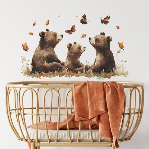 Pegatinas de Pared de la Familia del Oso Pardo Acuarela Animal Mariposa Calcomanías de Pared PVC Autoadhesivas Niños