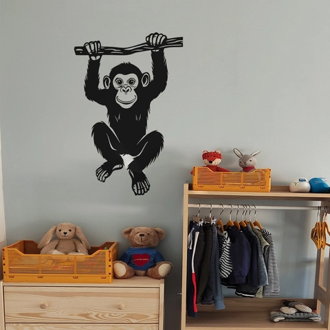 Vinilo de Pared Minimalista Chimpancé Negro Rama de Árbol PVC Impermeabile Silueta Animal para Decoración de Casa