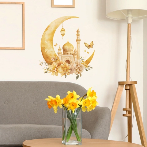 Adesivo da Parete in PVC Autoadesivo Ramadan Islamico Con Luna Castello Fiori e Farfalle per Arredamento Casa Camera