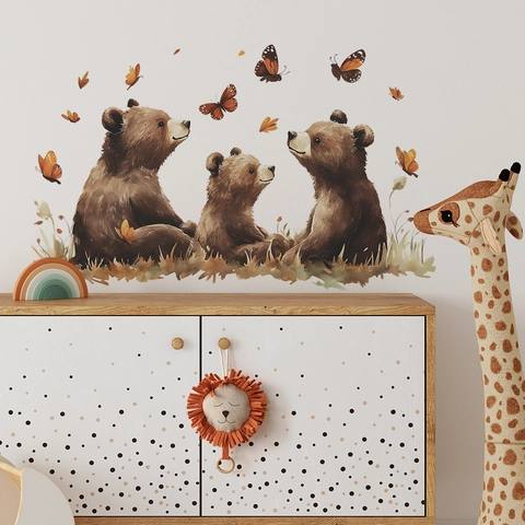 Pegatinas de Pared de la Familia del Oso Pardo Acuarela Animal Mariposa Calcomanías de Pared PVC Autoadhesivas Niños