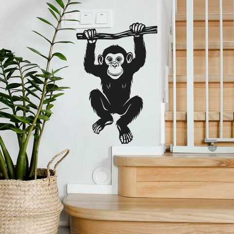 Vinilo de Pared Minimalista Chimpancé Negro Rama de Árbol PVC Impermeabile Silueta Animal para Decoración de Casa
