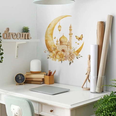 Adesivo da Parete in PVC Autoadesivo Ramadan Islamico Con Luna Castello Fiori e Farfalle per Arredamento Casa Camera