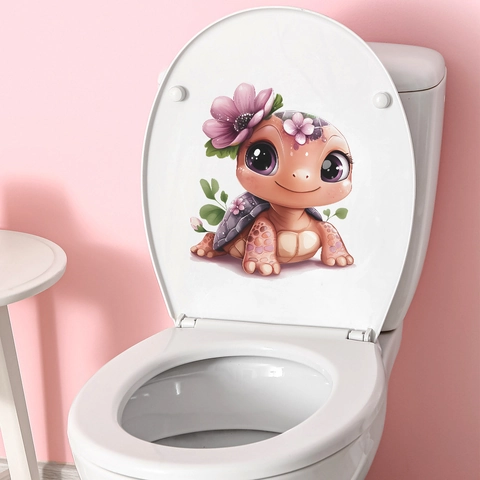 Adesivo per Gabinetto Tartaruga con Fiori Cartone Animato PVC Impermeabile 3D Animale Decalcomania da Muro per Bagno Casa
