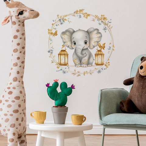 Adesivo da Parete Elefante Cartone Animato Ghirlanda Lanterna PVC Autoadesivo Decorativo Stampato Cameretta Bambini Casa