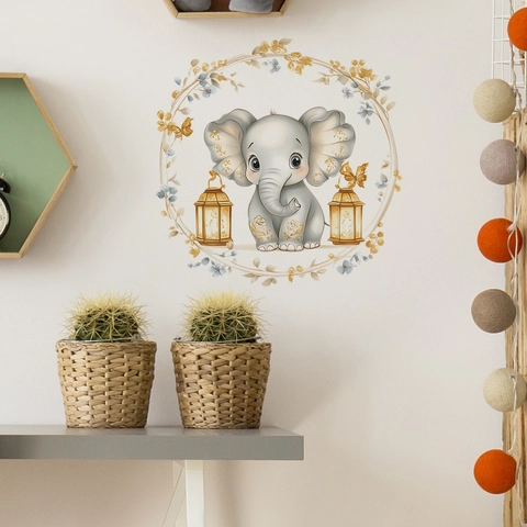 Adesivo da Parete Elefante Cartone Animato Ghirlanda Lanterna PVC Autoadesivo Decorativo Stampato Cameretta Bambini Casa