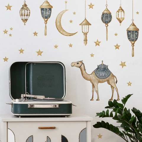 Pegatinas De Pared Islámicas Ramadán Luna Estrella Camello Linterna Impresas Oro PVC Calcomanías Decorativas Extraíbles Para Dormitorio Salón Hogar