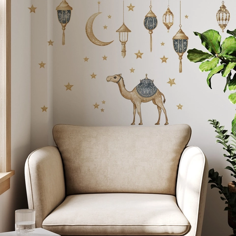 Pegatinas De Pared Islámicas Ramadán Luna Estrella Camello Linterna Impresas Oro PVC Calcomanías Decorativas Extraíbles Para Dormitorio Salón Hogar