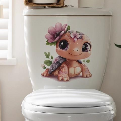 Adesivo per Gabinetto Tartaruga con Fiori Cartone Animato PVC Impermeabile 3D Animale Decalcomania da Muro per Bagno Casa