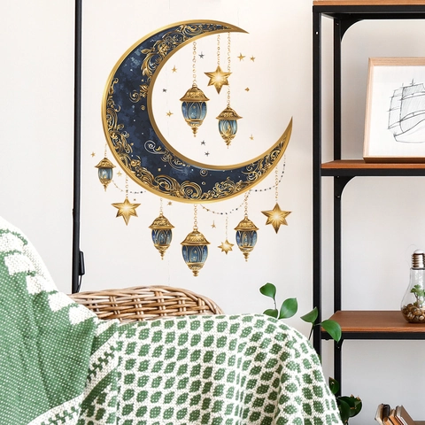 Pegatina de Pared de Linterna de Luna de Ramadán PVC Oro Azul Patrón de Vid Estrellas Decoración para Dormitorio Sala de Estar