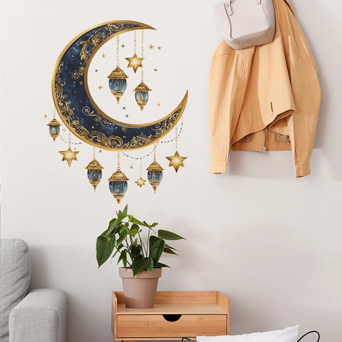 Pegatina de Pared de Linterna de Luna de Ramadán PVC Oro Azul Patrón de Vid Estrellas Decoración para Dormitorio Sala de Estar