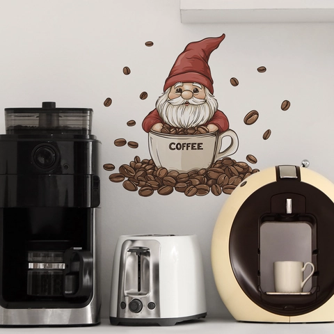 Coffee Gnome Wall Sticker PVC Self-Adhesive Cartoon Coffee Cup Decal For Kitchen Dining Room Cafe Home Decorative Wall Art