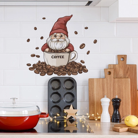 Coffee Gnome Wall Sticker PVC Self-Adhesive Cartoon Coffee Cup Decal For Kitchen Dining Room Cafe Home Decorative Wall Art