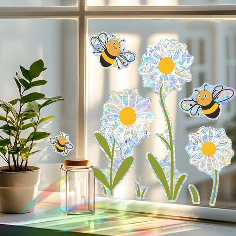 Pegatinas de Ventana de Arcoíris Suncatcher Prisma Estático PVC Abeja Flor Calcomanías para Vidrio Decoración del Hogar