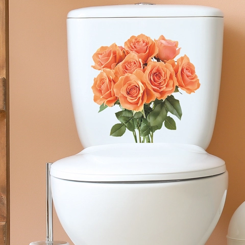 Oranje Roos Bloem Toiletsticker PVC Verwijderbaar Waterdicht Badkamer Decor Zelfklevende Muursticker Voor Toilet Thuis