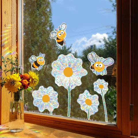 Pegatinas de Ventana de Arcoíris Suncatcher Prisma Estático PVC Abeja Flor Calcomanías para Vidrio Decoración del Hogar