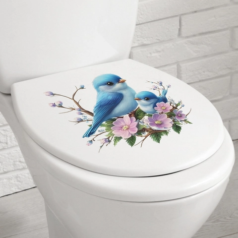 Pegatina de Inodoro de Pájaro Azul Rama de Flores Rosas PVC Removible Impermeable Vinilo de Pared Decoración de Baño Hogar