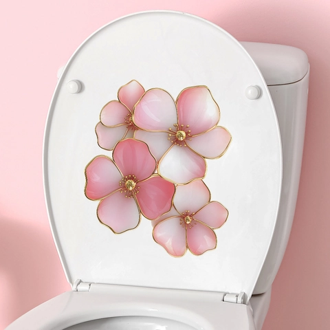 Pegatina para Tapa de Inodoro de Flor de Cerezo Rosa Contorno Dorado Calcomanía de Pared Floral para Baño Decoración del Hogar PVC Autoadhesivo