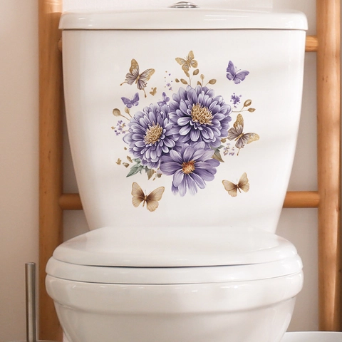 Lila Blume Schmetterling Toilettenaufkleber Wasserdicht PVC Wandaufkleber Für Badezimmer Schlafzimmer Home Decor Wandbild