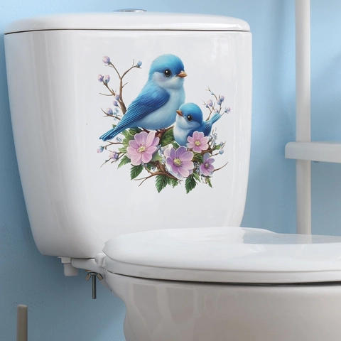 Pegatina de Inodoro de Pájaro Azul Rama de Flores Rosas PVC Removible Impermeable Vinilo de Pared Decoración de Baño Hogar