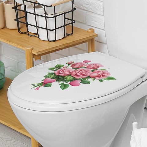 Pink Rose Flower Toilet Sticker Heart Floral Removable PVC Waterproof Wall Decal For Bathroom Home Decor Romantic Design