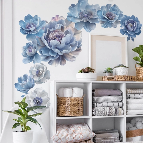 3D Blaue Pfingstrose Blume Wandaufkleber PVC Selbstklebend Floral Decals Für Schlafzimmer Kleiderschrank Home Dekor Wandtattoo Ästhetisch