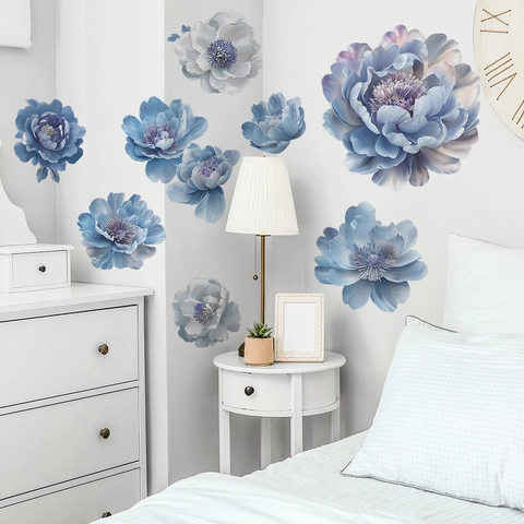 3D Blaue Pfingstrose Blume Wandaufkleber PVC Selbstklebend Floral Decals Für Schlafzimmer Kleiderschrank Home Dekor Wandtattoo Ästhetisch