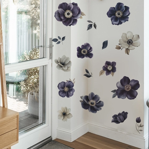 Lila Anemone Blume Wandaufkleber Abnehmbare PVC Floral Wandtattoo Für Schlafzimmer Wohnzimmer Wohnkultur DIY Wandbild
