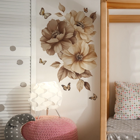 Adesivi Murali Vintage Champagne Fiori Farfalla PVC Autoadesivi Decalcomanie Floreali Per Camera Da Letto Soggiorno Armadio Casa