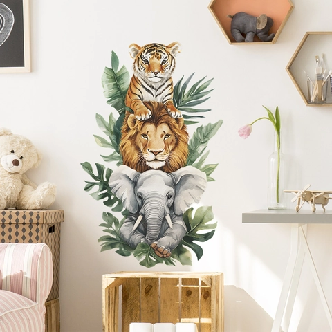 Aquarell Tierstapel Wandaufkleber Wasserdichtes PVC Tiger Löwe Elefant Tropische Blätter Abnehmbarer Aufkleber Kinderzimmer Dekor