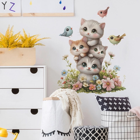 Schattige Cartoon Gestapelde Katten Muursticker Verwijderbare PVC Sticker Met Vogels Bloemen Voor Kinderslaapkamer Decor