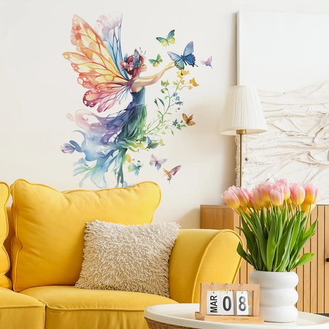 Aquarel Vlinder Fee Muursticker Dromerig Bloemenmeisje Verwijderbare PVC Sticker Voor Slaapkamer Woonkamer Kledingkast Huis Decoratie