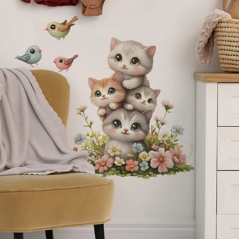 Schattige Cartoon Gestapelde Katten Muursticker Verwijderbare PVC Sticker Met Vogels Bloemen Voor Kinderslaapkamer Decor