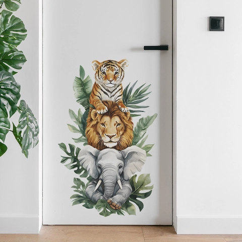 Aquarell Tierstapel Wandaufkleber Wasserdichtes PVC Tiger Löwe Elefant Tropische Blätter Abnehmbarer Aufkleber Kinderzimmer Dekor