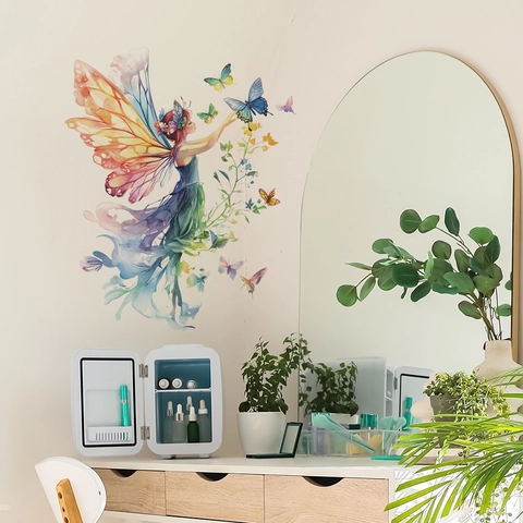 Aquarel Vlinder Fee Muursticker Dromerig Bloemenmeisje Verwijderbare PVC Sticker Voor Slaapkamer Woonkamer Kledingkast Huis Decoratie