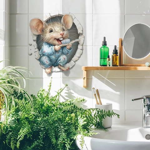 Kreative Cartoon Maus Zähne Putzen 3D Wandaufkleber Abnehmbare PVC Wasserdicht Dekoration Für Badezimmer Schlafzimmer Kinderzimmer