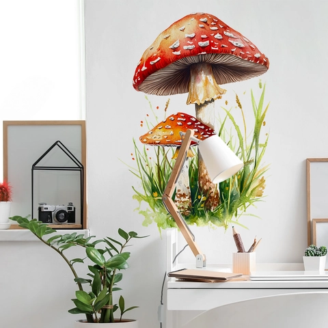 Adesivo da Parete a Forma di Fungo Rosso e Erba ad Acquerello in PVC Autoadesivo per Camera da Letto Soggiorno Cucina