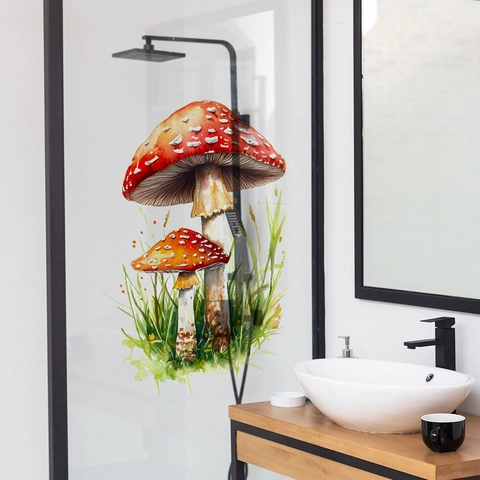 Adesivo da Parete a Forma di Fungo Rosso e Erba ad Acquerello in PVC Autoadesivo per Camera da Letto Soggiorno Cucina