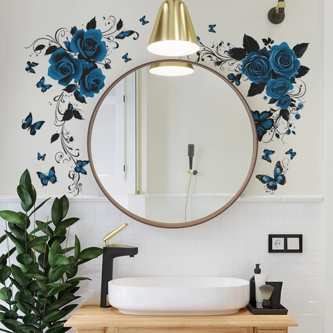 Blaue Rose Schmetterling Wandaufkleber Abnehmbare PVC Blumenranke Aufkleber Für Schlafzimmer Badezimmer Küche Schrank Wohndeko