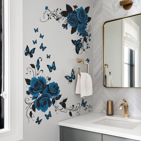 Blaue Rose Schmetterling Wandaufkleber Abnehmbare PVC Blumenranke Aufkleber Für Schlafzimmer Badezimmer Küche Schrank Wohndeko