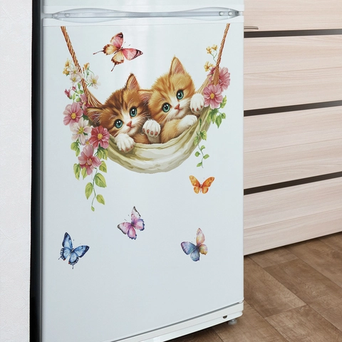 Cute Cats In Hammock Wall Sticker With Butterfly Flower Self Adhesive PVC Mural Decal For Bedroom Living Room Home Decoration