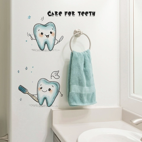 Pegatina de Pared Recordatorio de Cuidado Oral de Dientes de Dibujos Animados de PVC Autoadhesiva Impermeable Para Decoración