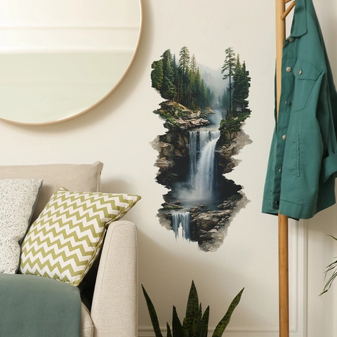 Pegatina de Pared de Paisaje de Bosque y Cascada 3D Autoadhesiva de PVC Mural de Naturaleza para Sala de Estar Dormitorio Hogar